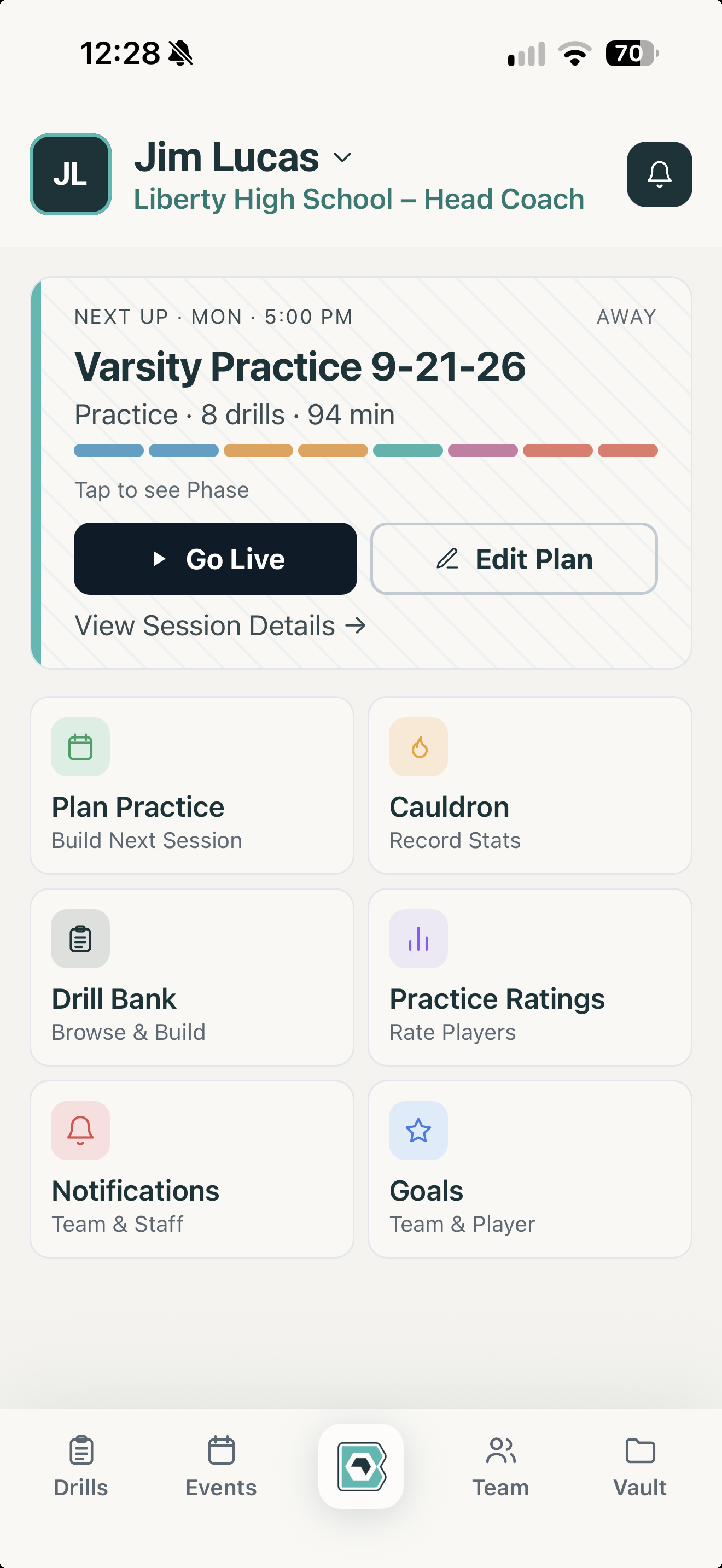 Blocq home screen for coach Jim Lucas: next practice with Go Live, plus Plan Practice, Cauldron, Drill Bank, Practice Ratings, Notifications and Goals