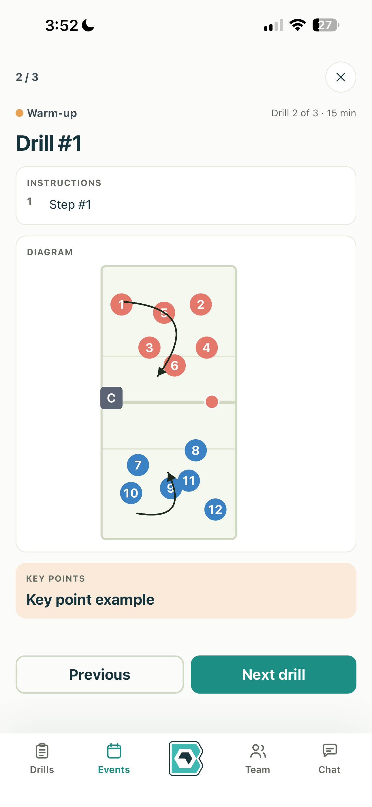 Blocq app — a saved drill in the drill bank with skills and timing