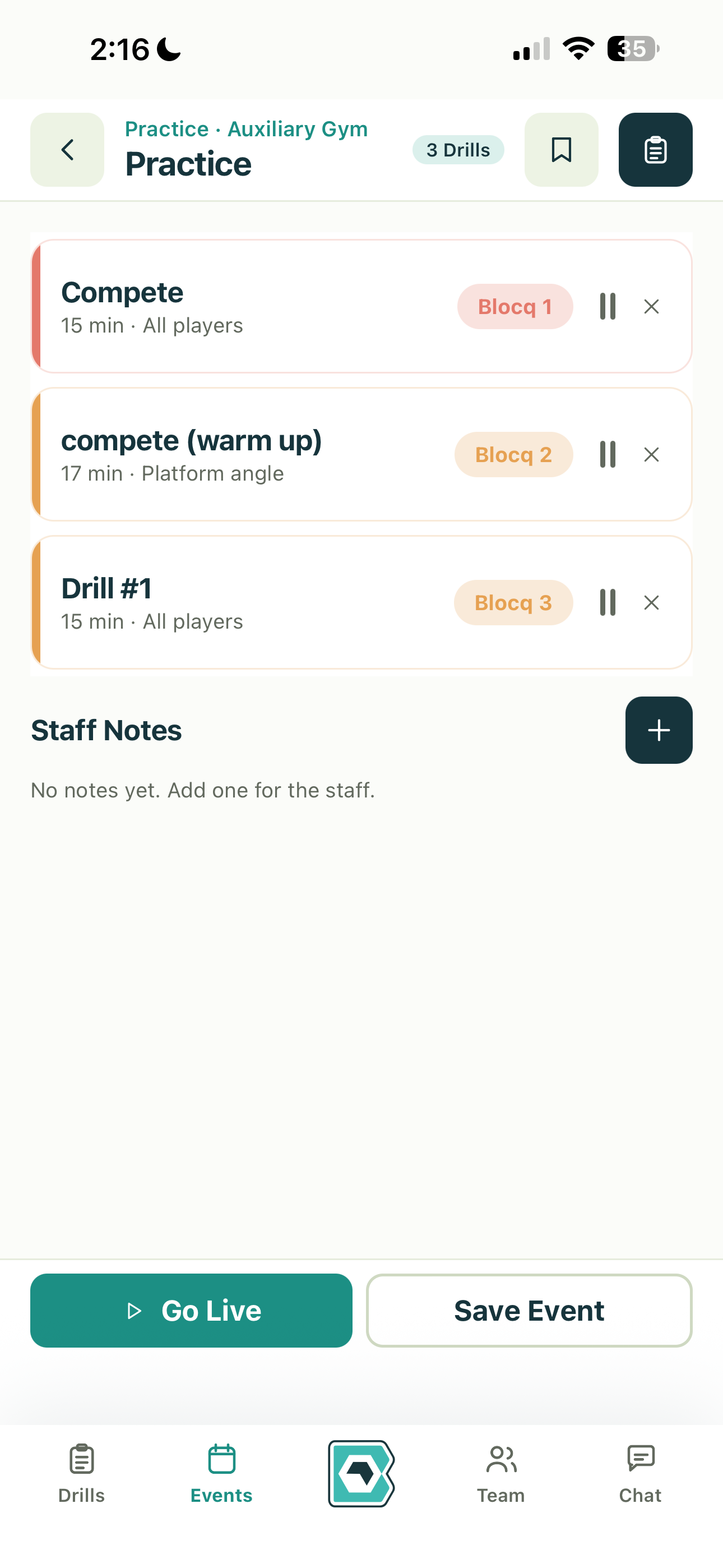 Blocq app — live session view running a drill in real time