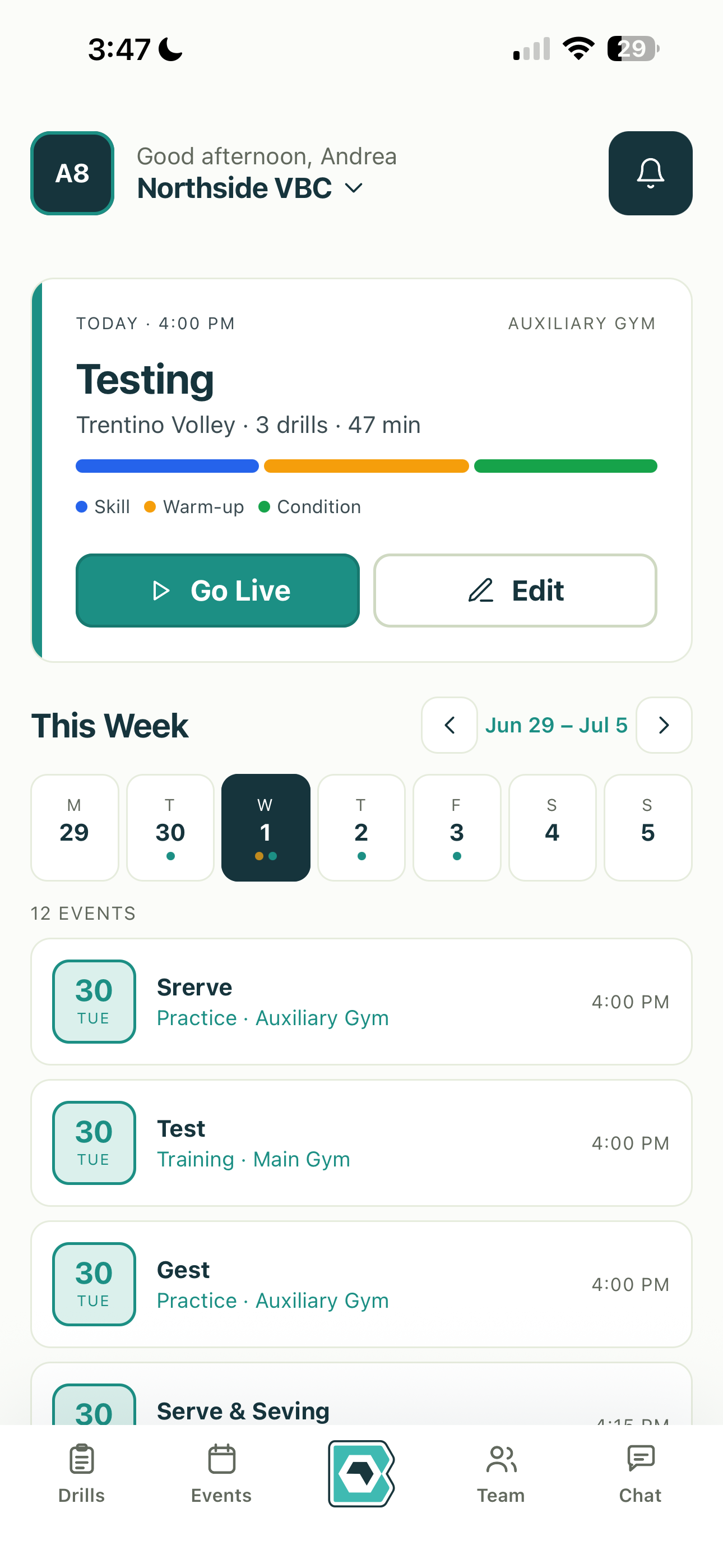Blocq on mobile — coach dashboard showing today's practice plan