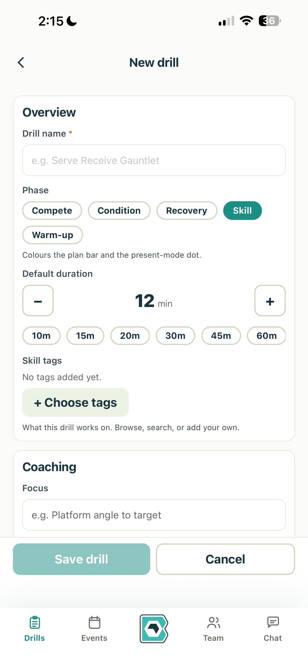 Blocq app — create a new drill with phase, duration, and skill tags