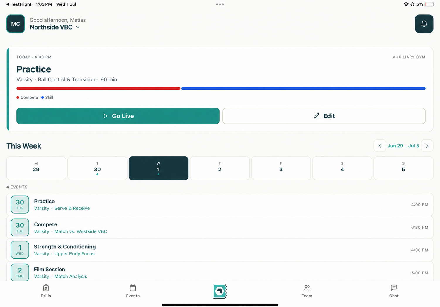 Blocq on tablet — coach dashboard with weekly schedule